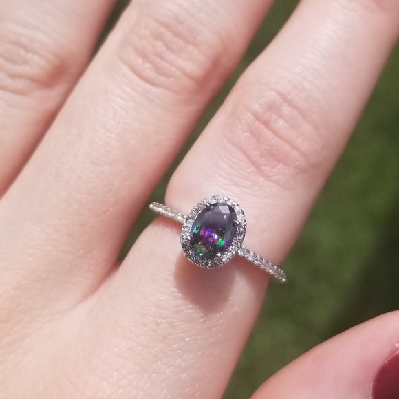 .925 Sterling Silver Rainbow Topaz Halo CZ Ring - Picture 2 of 6